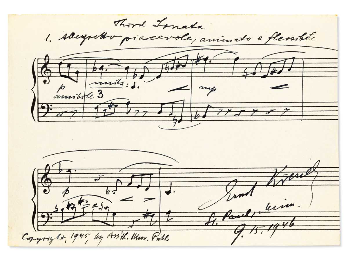 KRENEK, ERNST. Autograph Musical Manuscript dated and Signed, 4 bars from the first movement of his Piano Sonata No. 3 [Op. 92],